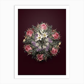 Vintage Madonna Lily Flower Wreath on Wine Red n.0495 Art Print