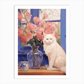 White Cat By Flowers Art Print