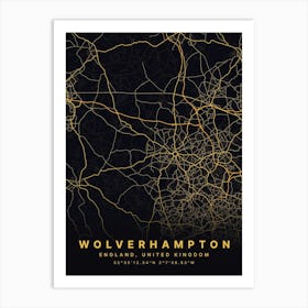 Wolverhampton England Black And Gold Map Art Print