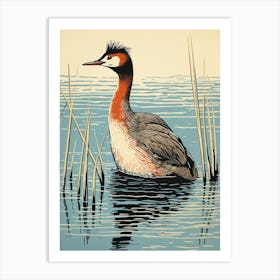 Vintage Bird Linocut Grebe 1 Art Print