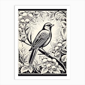 B&W Bird Linocut Cedar Waxwing 2 Art Print