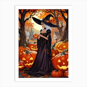 Halloween Witch With Pumpkins Art Print