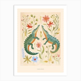 Folksy Floral Animal Drawing Crocodile Poster Art Print