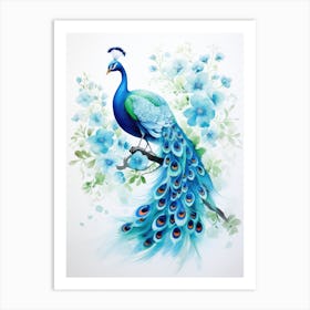 Peacock With Blue Flowers Art Print