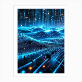 Abstract Cyber Security Theme With Geometric Dots And Lines Forming A Network Like Grid Blue And N (3) Art Print