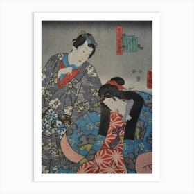 Couple With Man At Left And Woman At Right, Biting The Red And White Sleeve Of Her Inner Kimono Art Print