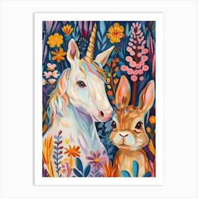 Floral Unicorn With Bunny Art Print