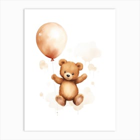 Baby Bear Flying With Ballons, Watercolour Nursery Art 4 Art Print