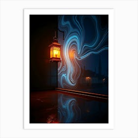 Lantern in a Room and Village in Reflection Art Print