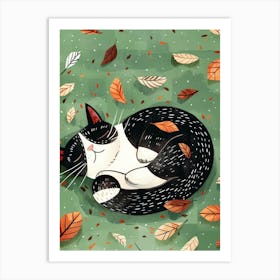 Cat Sleeping In Autumn Leaves Art Print