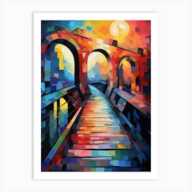 Stone Bridge at Sunset, Abstract Vibrant Colorful Painting in Van Gogh Style Art Print