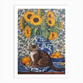 Sunflower With A Cat 2 William Morris Style Art Print