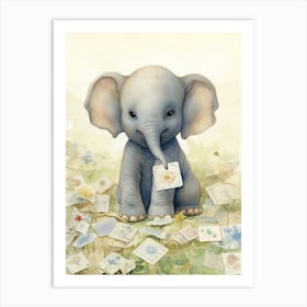 Elephant Painting Collecting Stamps Watercolour 1 Art Print