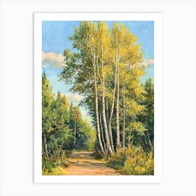 Oil Painting Poplar Landscape, Beautiful Solar Glare On The Woods Affiche