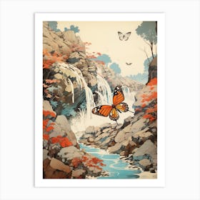 Butterfly With Waterfall Japanese Style Painting Art Print