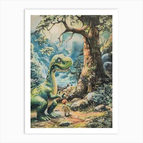 Dinosaur & Child Vintage Storybook Painting Art Print