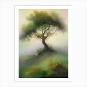 Oak tree, fine work of art, misty atmosphere, green meadow..9 Art Print