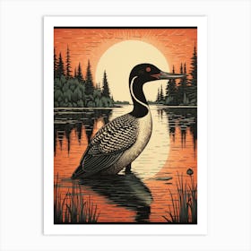 Vintage Bird Linocut Loon 3 Art Print