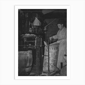 Sewing Bag Of Rice Brand After Being Weighed In Rice Packaging Process,Crowley, Louisiana By Russell Lee Art Print