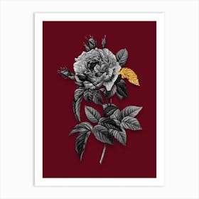 Vintage Pink French Rose Black and White Gold Leaf Floral Art on Burgundy Red n.0456 Art Print