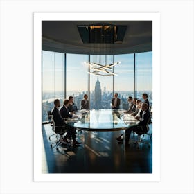 Confident Ceo Standing With Hands Intertwined At The Tables Edge Flanked By Attentive Team Members (1) Art Print