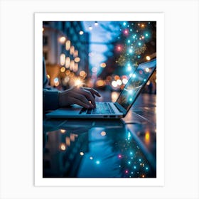 Person Using A Laptop On A Table At Night With City Lights In The Background Art Print