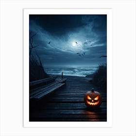 Halloween Themed Coastal Landscape During Dusk Featuring A Jack O Lantern With A Glowing Eye Perched (4) Art Print