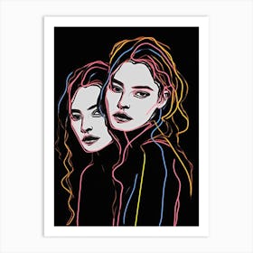 Women In Black And White Line Art Neon 3 Art Print