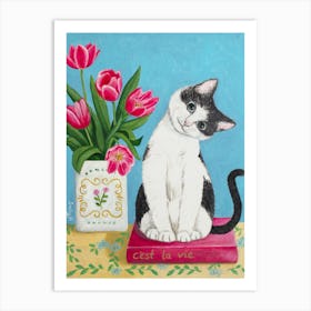 Cat, Book And Tulip Art Print