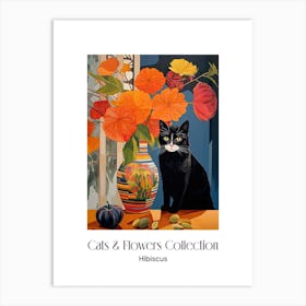 Cats & Flowers Collection Hibiscus Flower Vase And A Cat, A Painting In The Style Of Matisse 1 Art Print