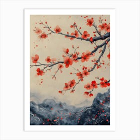 Serene Cherry Blossom Branch Watercolor with Misty Mountain Landscape | Asian Inspired Floral Art Art Print