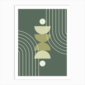 Modern Mid Century Sun, Moon Phases and Rainbow Abstract 32 in Forest Sage Green Art Print