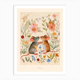 Folksy Floral Animal Drawing Mouse 2 Poster Art Print