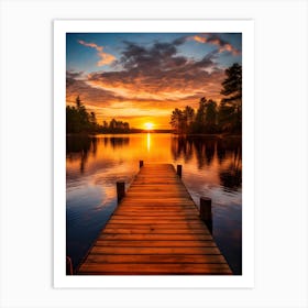 Wooden Lake Path in the Sunset Art Print