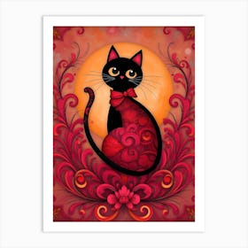 Whiskers of Enchantment: A Black Cat In Red Art Print