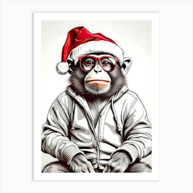 Monkey Christmas Hat Art Print