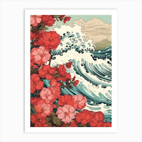 Great Wave With Bougainvillea Flower Drawing In The Style Of Ukiyo E 1 Art Print