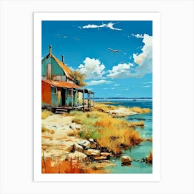 The Old Cabin by the Sea | Turquoise Waters and Blue Sky Rustic Bohemian Slow Living Idyllic Art Print | Landscape Port Harbour Costal Scenery Art Print