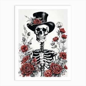 Floral Skeleton With Hat Ink Painting (58) Art Print