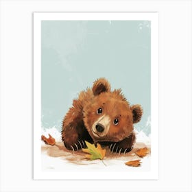 Brown Bear Cub Playing With A Fallen Leaf Storybook Illustration 4 Art Print