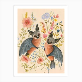 Folksy Floral Animal Drawing Bat 2 Art Print