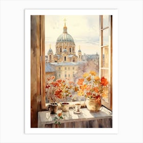 Window View Of Berlin Germany In Autumn Fall, Watercolour 1 Art Print
