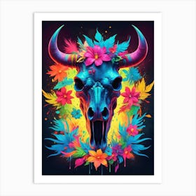 Floral Bull Skull Neon Iridescent Painting (4) Art Print