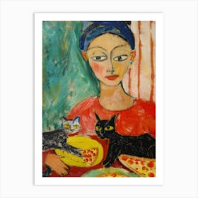 Portrait Of A Girl With Cats Eating Pizzas 2 Art Print