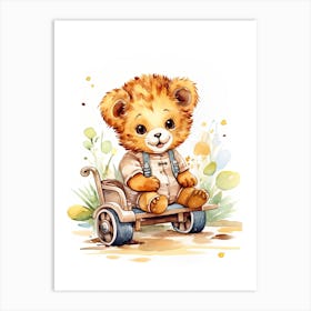 Baby Lion On A Toy Car, Watercolour Nursery 0 Art Print