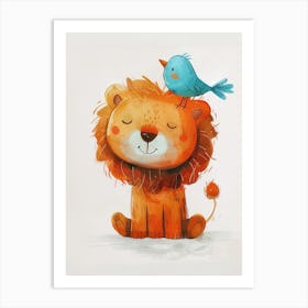 Small Joyful Lion With A Bird On Its Head 2 Art Print