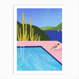 Reading After Swimming, Pink Pool Vacation Art Print