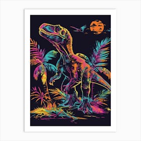 Neon Dinosaur With Palm Trees Art Print