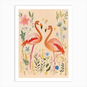 Folksy Floral Animal Drawing Flamingo Art Print