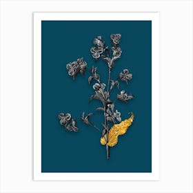 Vintage Commelina Tuberosa Black and White Gold Leaf Floral Art on Teal Blue n.0418 Art Print